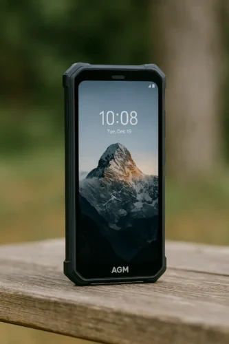 AGM Glory G1 rugged smartphone standing on a wooden surface outdoors with mountain wallpaper on display