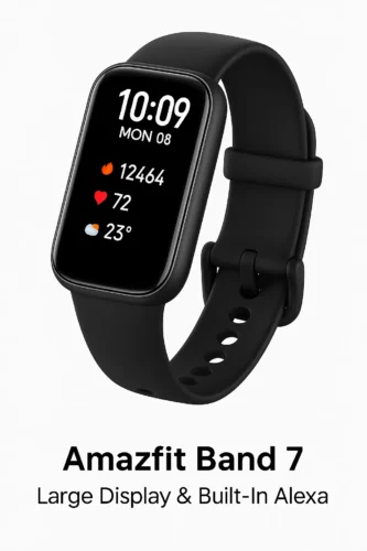 Amazfit Band 7 fitness tracker with large AMOLED display showing steps, heart rate, and weather