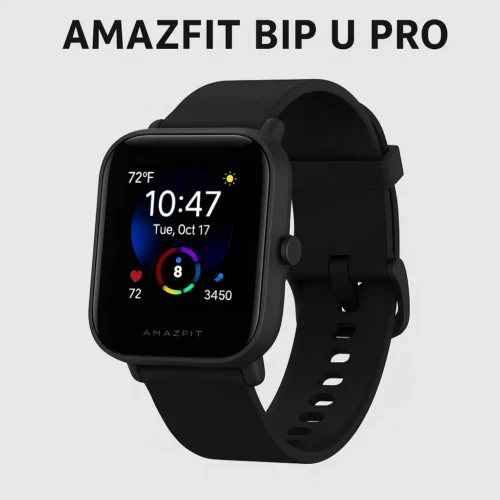 Amazfit Bip U Pro smartwatch with black strap and colorful health tracking screen display