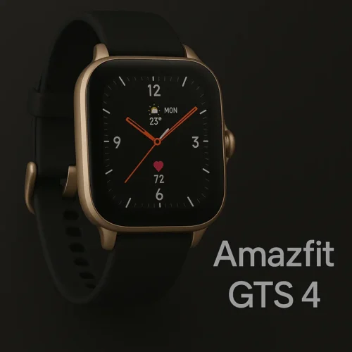 Amazfit GTS 4 smartwatch with gold frame and black strap showing analog-style display with weather and heart rate