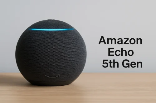 Amazon Echo 5th Gen smart speaker with Matter support on wooden desk – 2025