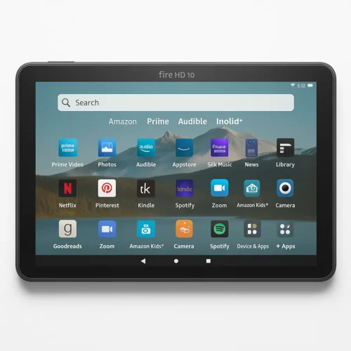 Amazon Fire HD 10 Tablet 2023 Edition with landscape display and app icons