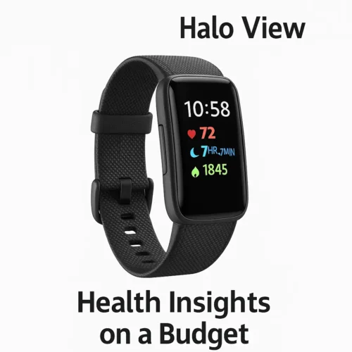 Amazon Halo View fitness tracker showing heart rate, sleep, and calorie tracking on AMOLED screen