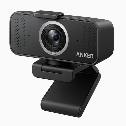 Anker PowerConf C200 webcam with 2K lens and privacy cover on white background