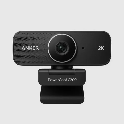 Anker PowerConf C200 2K webcam with adjustable clip stand, front view - best webcam for video call