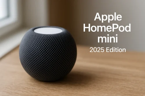 Apple HomePod mini 2025 Edition smart speaker on wooden surface near window