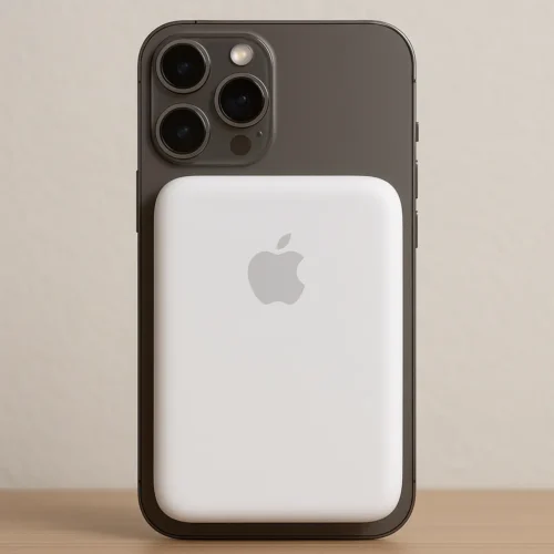 Apple MagSafe Battery Pack attached to the back of an iPhone – compact and minimalist wireless charger
