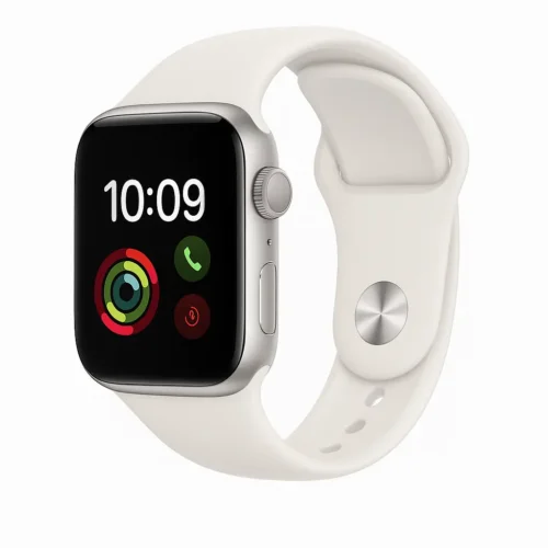 Apple Watch Series 9 silver aluminum with white sport band on white background