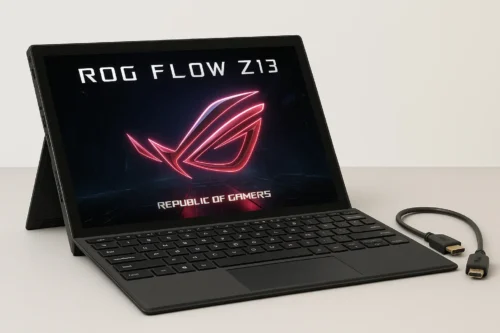 Asus ROG Flow Z13 gaming tablet with detachable keyboard and HDMI cable