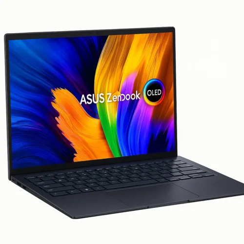 ASUS Zenbook 14 OLED (2025) laptop with colorful OLED display viewed from an angle on white background
