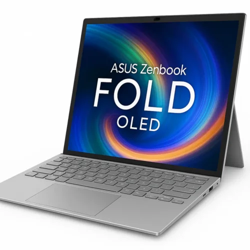 ASUS Zenbook 17 Fold OLED 2025 in silver-gray with folding OLED display