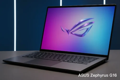 ASUS Zephyrus G16 laptop 2025 with label text on screen