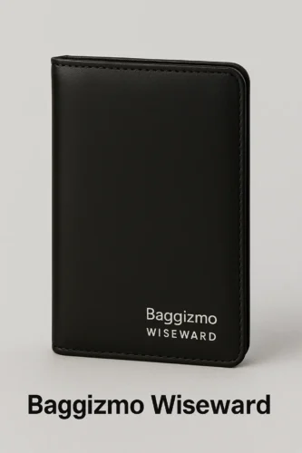 Best Smart Wallets with GPS in 2025 – Track Your Wallet Anytime, Anywhere 10 Baggizmo Wiseward smart wallet in black vegan leather with white branding