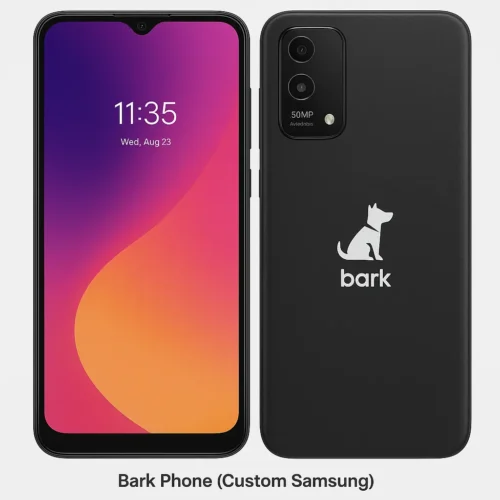 Bark Phone front and back view with custom Samsung design and Bark logo