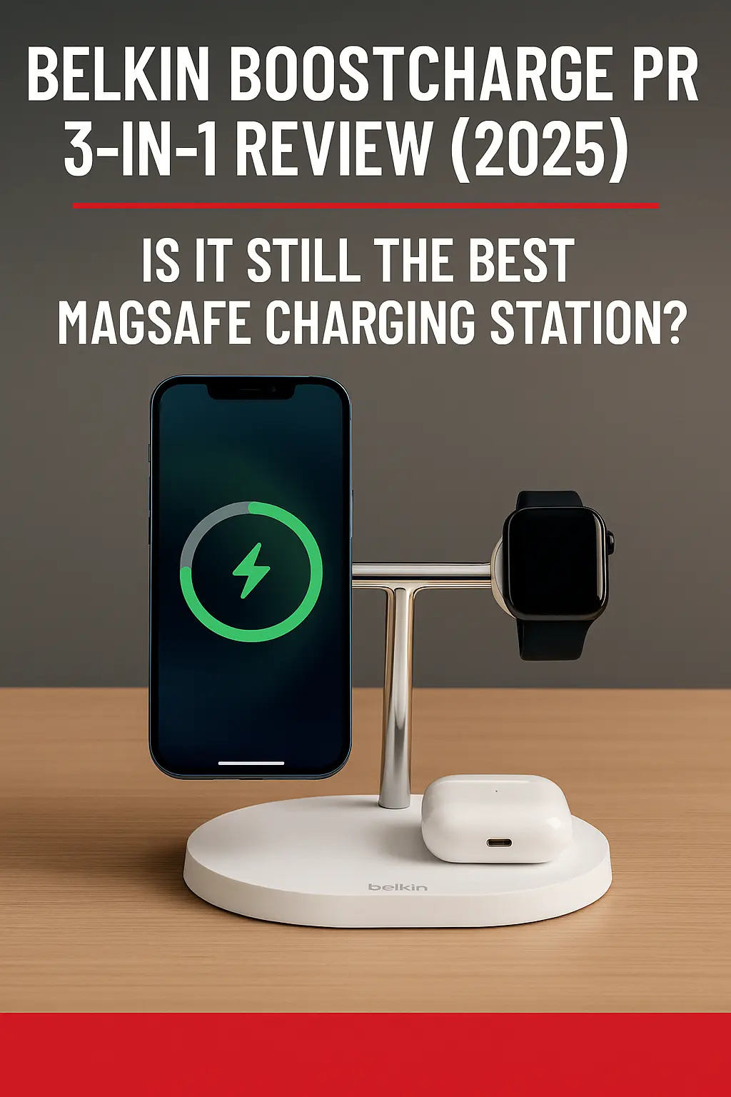 Belkin BoostCharge Pro 3-in-1 Review (2025) – Is It Still the Best MagSafe Charging Station? 7 Belkin BoostCharge Pro 3-in-1 charging iPhone, Apple Watch, and AirPods on wooden surface