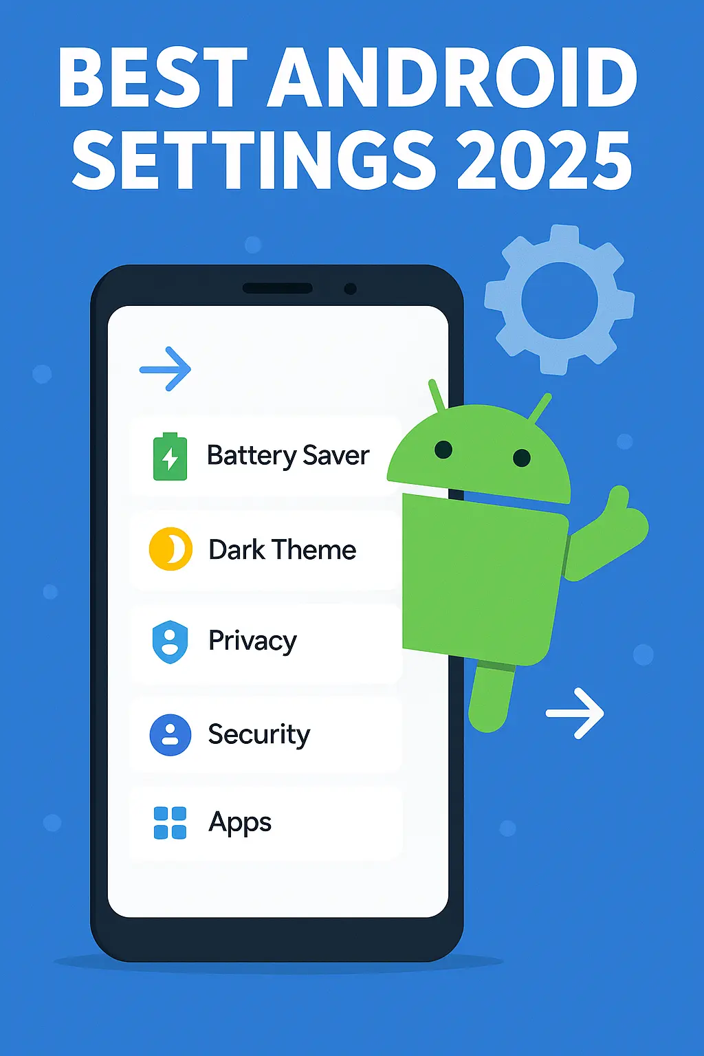 Illustration of Android phone showing key settings like Battery Saver, Privacy, and Security