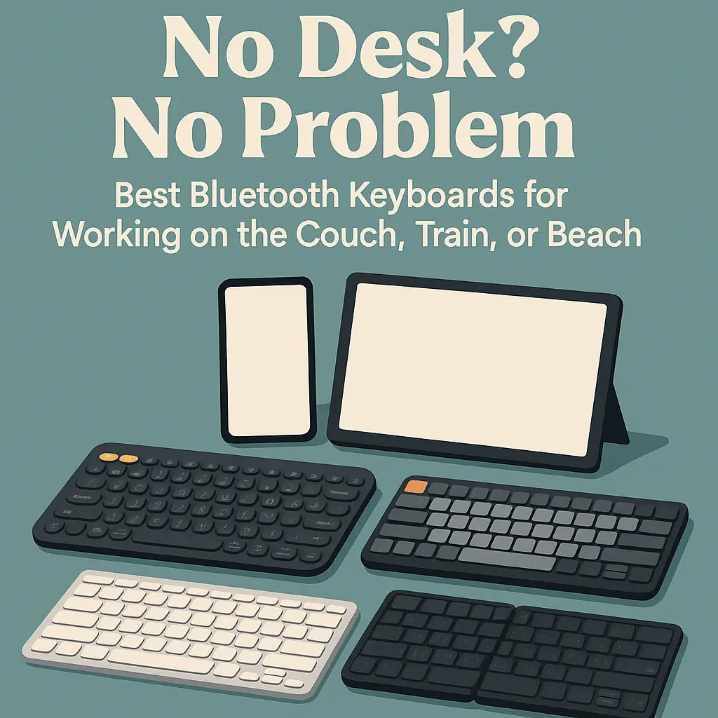 Flat lay of portable Bluetooth keyboards for phones and tablets on a teal background with text overlay