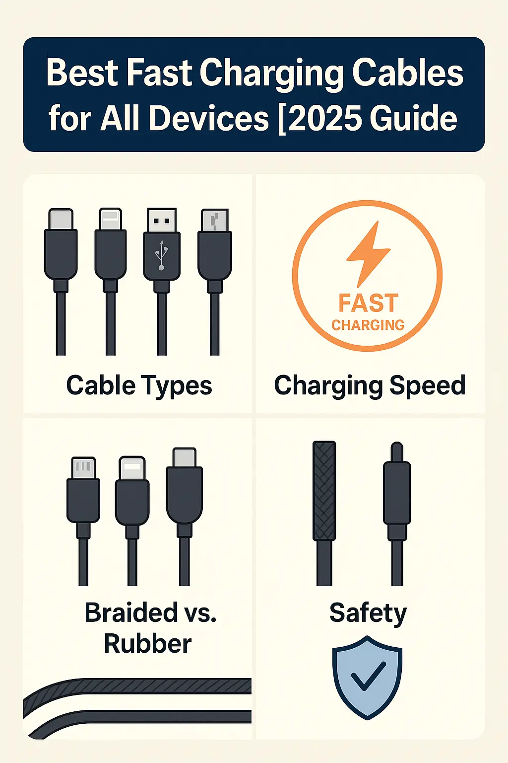 Infographic showing best fast charging cables for all devices in 2025, with visuals of cable types, charging speed, material comparison, and safety