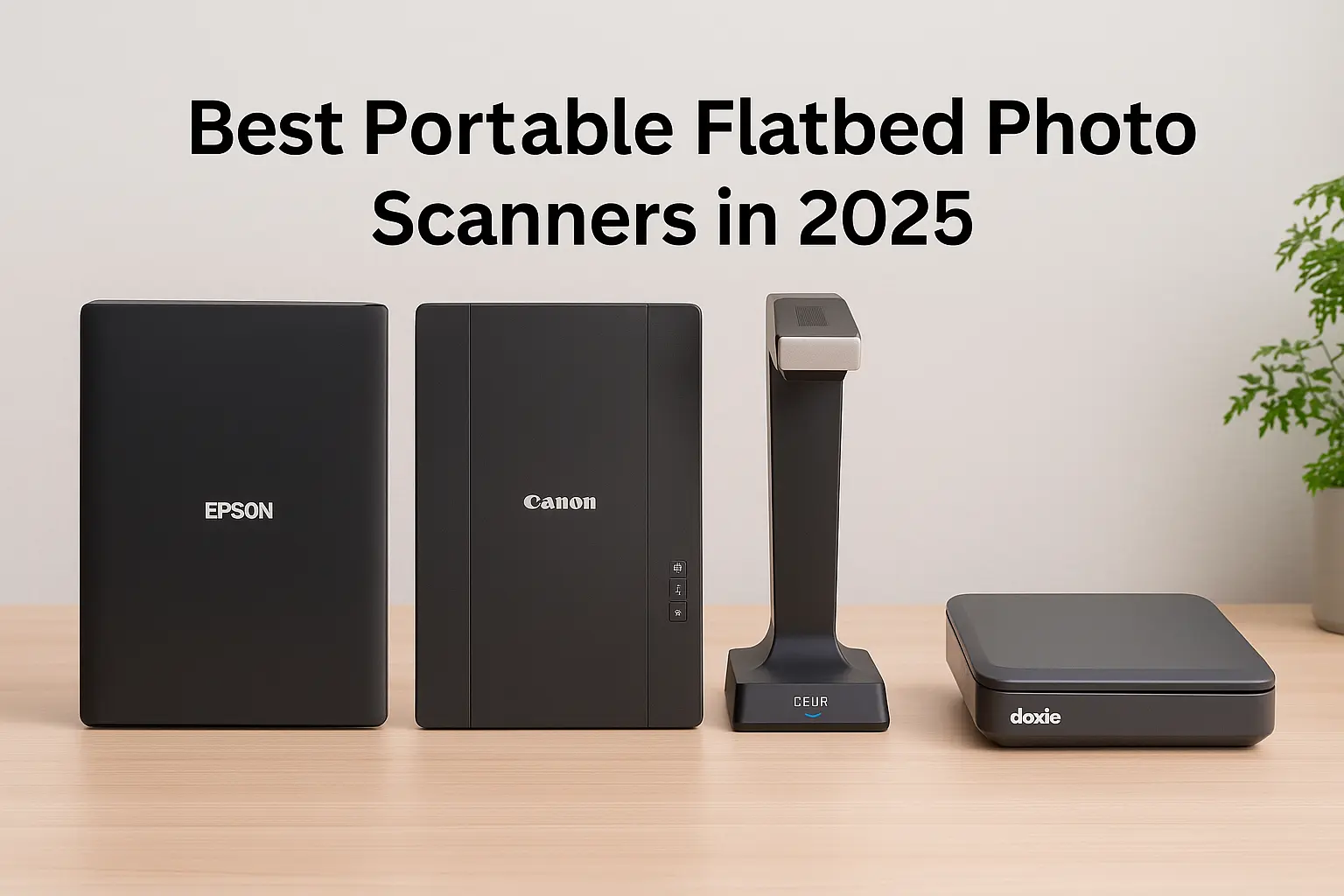 Portable flatbed photo scanners lined up on desk