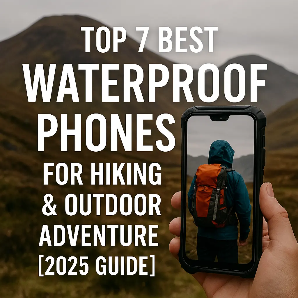 Top 7 best waterproof phones for hiking and outdoor adventure in 2025 with rugged phone shown in mountain landscape