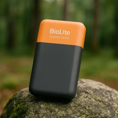BioLite Charge 80 PD power bank with orange and black design resting on a mossy rock in forest environment
