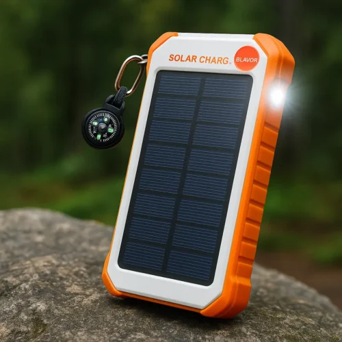 BLAVOR solar power bank with flashlight and compass on a rock, surrounded by green forest background