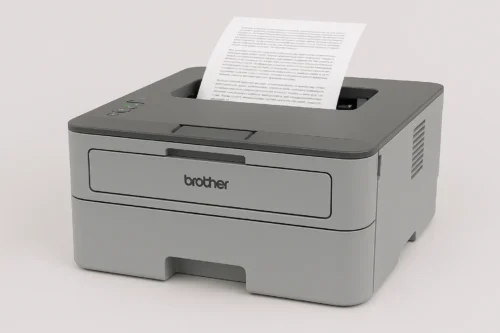 Brother HL-L2350DW compact monochrome laser printer printing a document