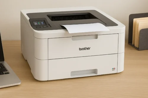 Brother HL-L3270CDW color laser printer on a wooden desk