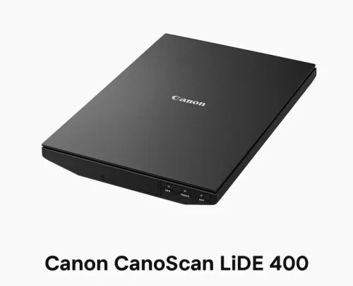 Canon CanoScan LiDE 400 flatbed scanner with key specs and price listed