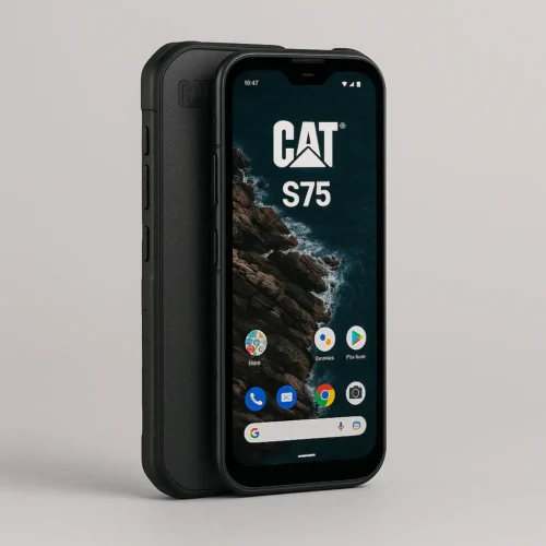 CAT S75 rugged smartphone with textured black casing and coastal background display, standing on light gray surface