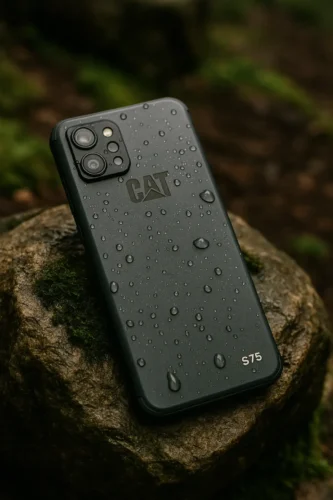 CAT S75 rugged waterproof phone with water droplets on back, placed on mossy rock outdoors