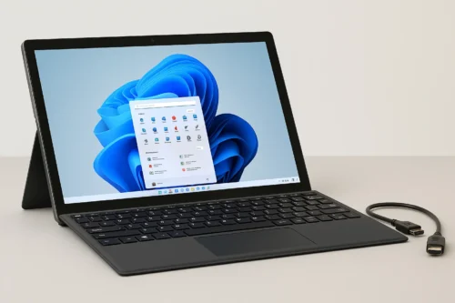Chuwi UBook XPro Windows tablet with detachable keyboard and mini-HDMI cable