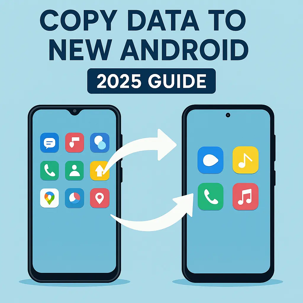 Illustration of data transfer between two Android phones with app icons and arrows