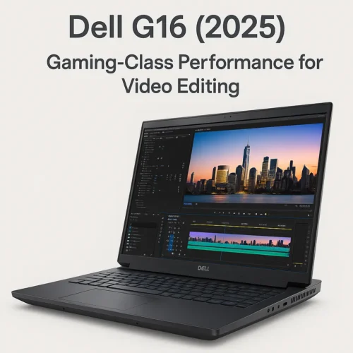 Dell G16 (2025) laptop displaying video editing software with city skyline footage