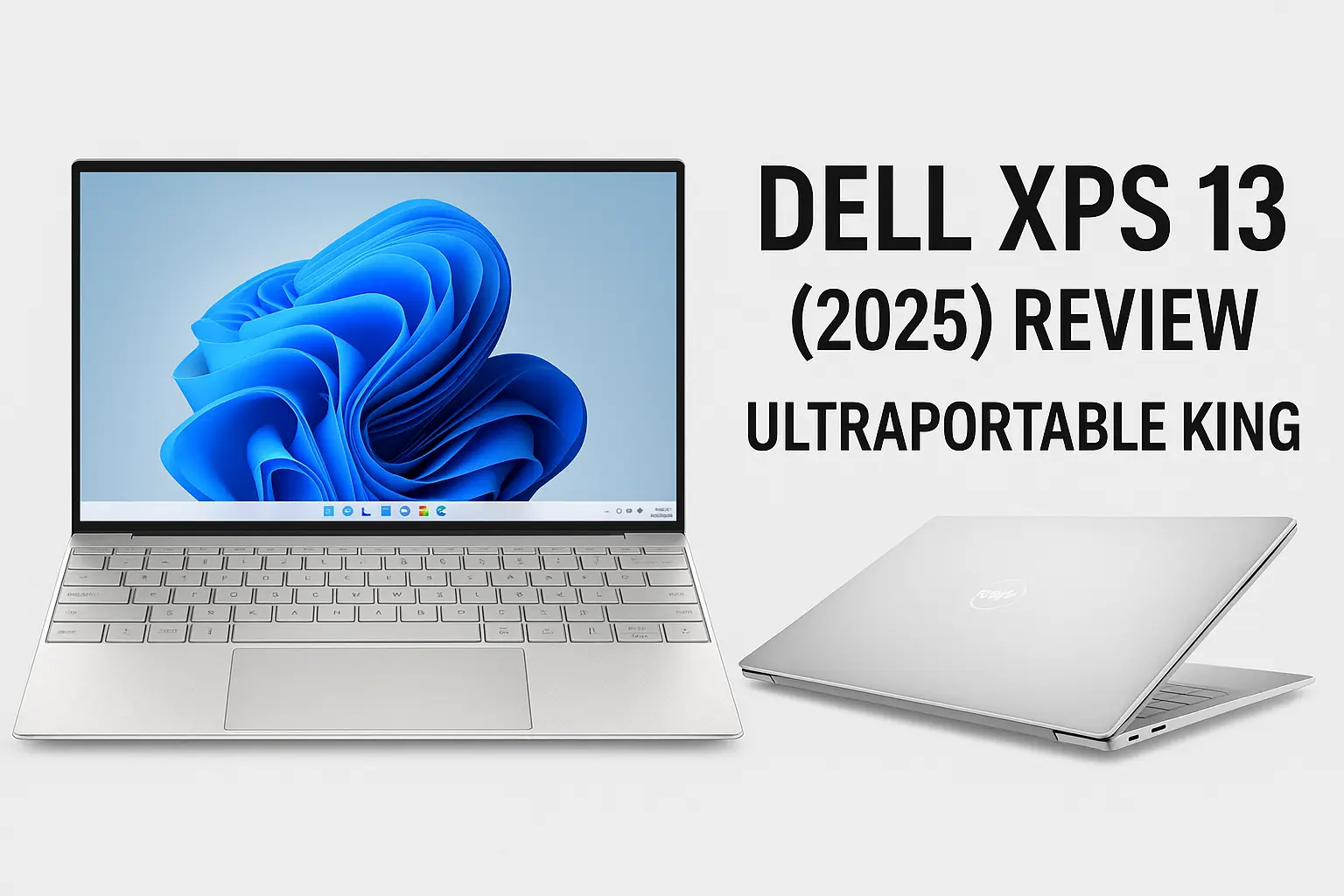 Dell XPS 13 (2025) laptop open and closed view with review title for ultraportable king