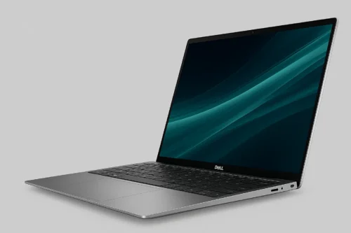 Dell XPS 14 (2025) silver laptop with OLED display angled view