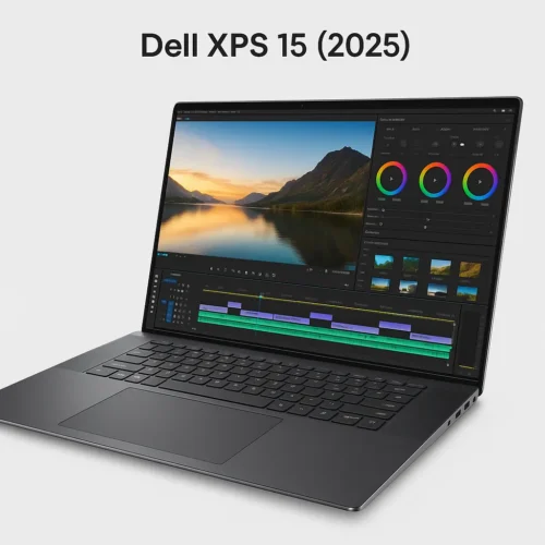Dell XPS 15 (2025) laptop with video editing software on screen