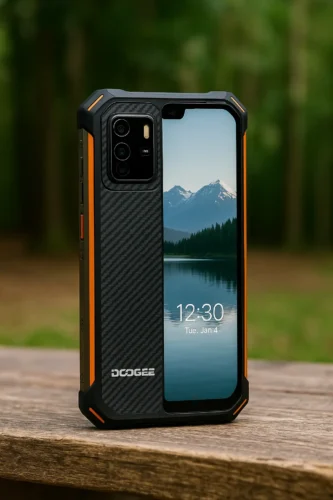 Doogee V30T rugged smartphone with carbon fiber texture and orange accents displayed on wooden surface in forest setting