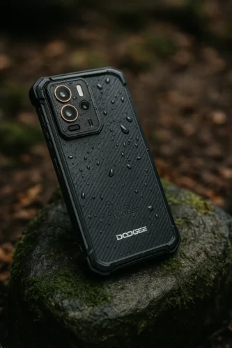 Doogee V30T rugged waterproof phone with carbon-fiber textured back and water droplets, placed on mossy rock in forest setting