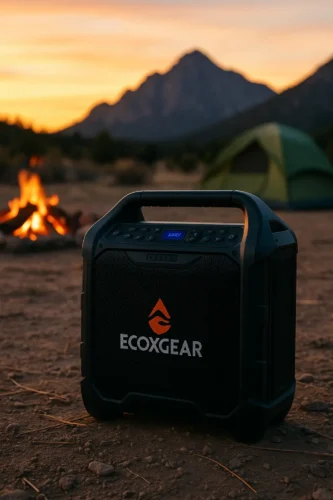 No Power? No Problem! Top Outdoor Bluetooth Speakers with Long Battery Life 12 ECOXGEAR EcoTrek rugged Bluetooth speaker on dirt ground at campsite with campfire and mountains in the background at sunset