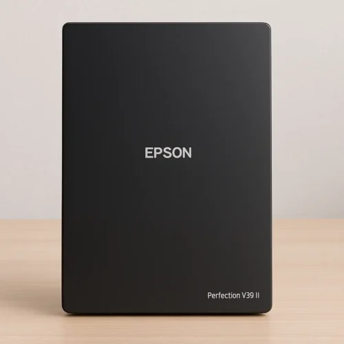 Epson Perfection V39 II flatbed photo scanner on wooden surface - best portable flatbed scanner