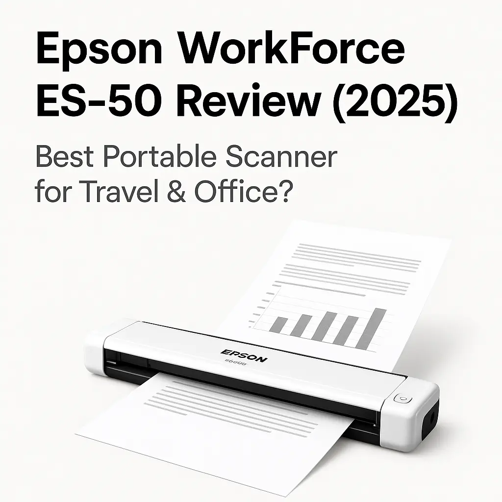 Epson WorkForce ES-50 Review (2025) – Best Portable Scanner for Travel & Office? 7 Epson WorkForce ES-50 portable document scanner with paper, featured in 2025 review