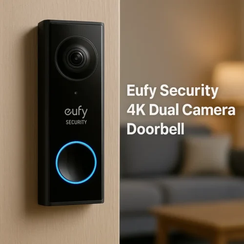 Eufy Security 4K dual camera video doorbell mounted on doorframe with blue LED ring – 2025