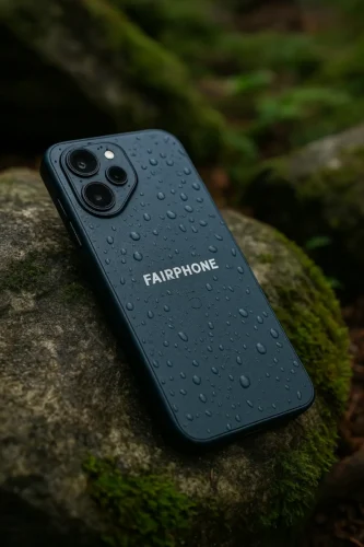 Fairphone 5 waterproof smartphone with raindrops on back, placed on moss-covered rock outdoors