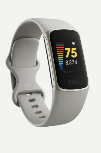 Fitbit Charge 5 fitness tracker with AMOLED display and soft gray silicone band