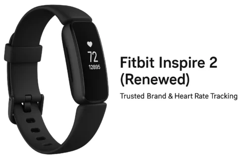 Fitbit Inspire 2 renewed version showing heart rate and step count on OLED screen