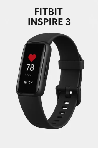 Fitbit Inspire 3 with heart rate and time displayed on a vertical OLED screen