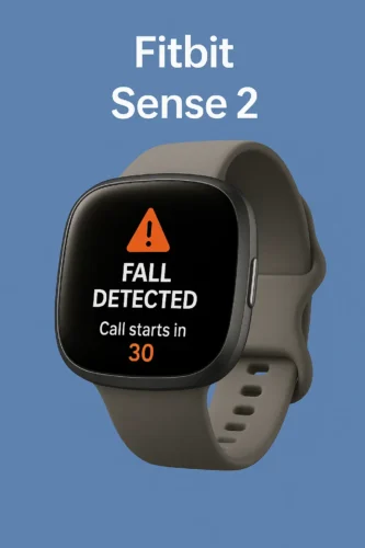 Fitbit Sense 2 smartwatch with fall detection warning on screen in 2025