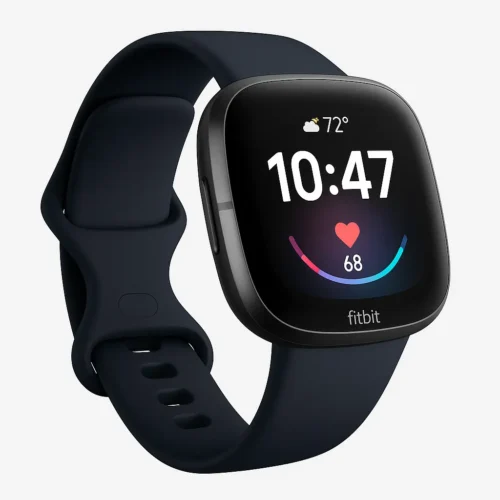 Fitbit Sense 3 smartwatch with dark gray bezel and navy band