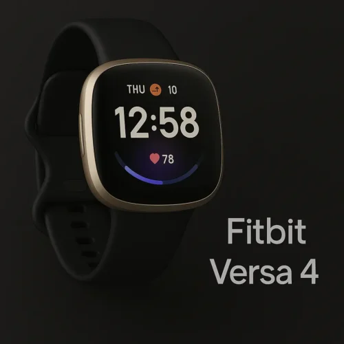 Fitbit Versa 4 with gold frame and black strap displaying time and heart rate on rectangular screen